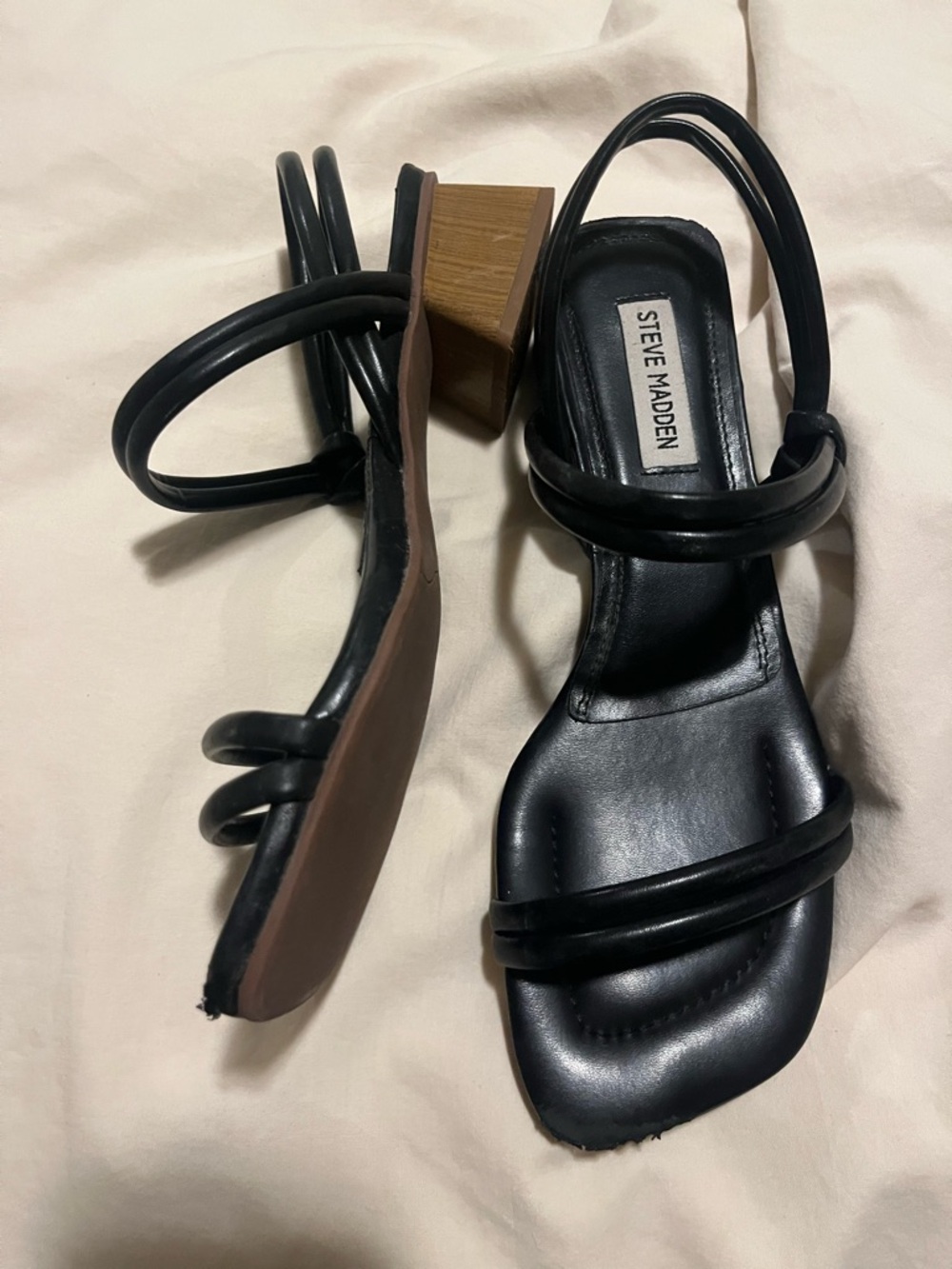 Steve Madden Black Strappy Block Heel Sandals with Wood-Tone Heel